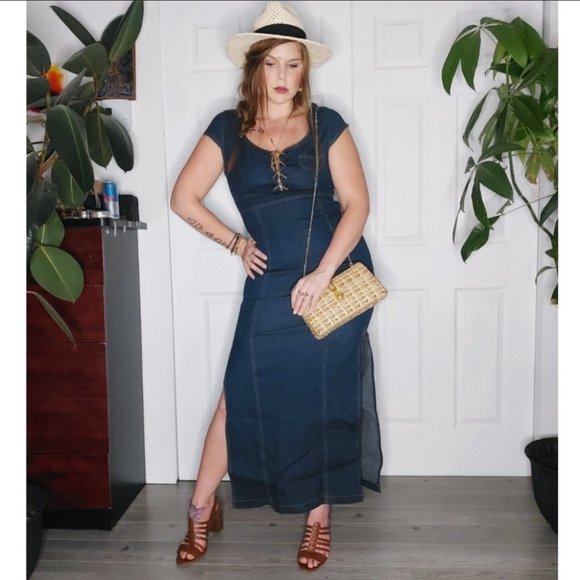 Vintage Navy Maxi Dress with Lace-Up Detail - Picture 3 of 9